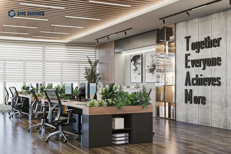 Mẫu văn phòng làm việc xuyên thấu được thiết kế theo phong cách hiện đại kết hợp công nghiệp