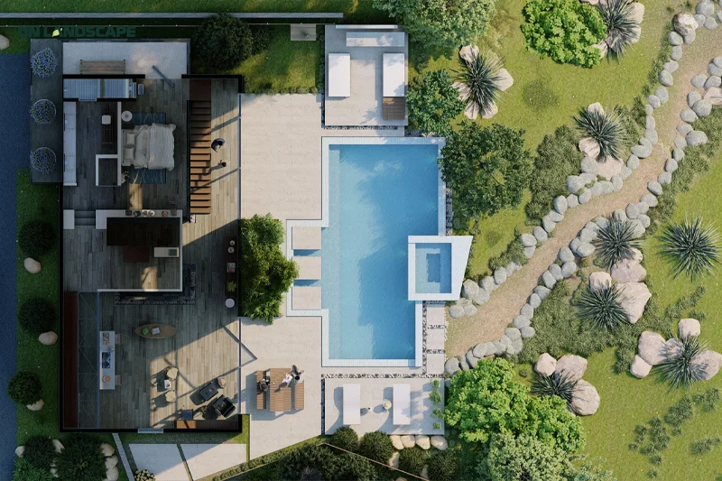 Cảnh quan sân vườn hiện đại hướng đến bố cục gọn gàng với các đường nét vuông vức