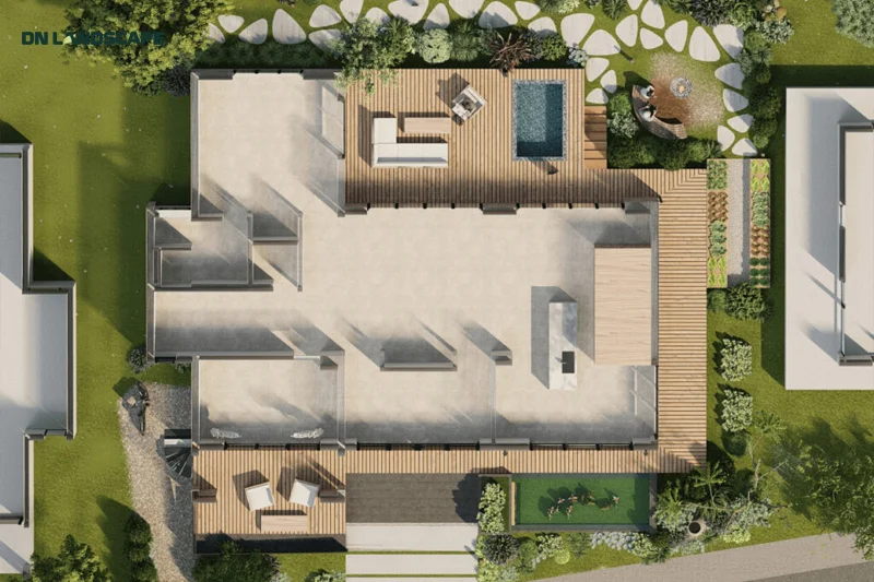 Cảnh quan sân vườn phong cách hiện đại phù hợp với các công trình nhà phố, căn hộ