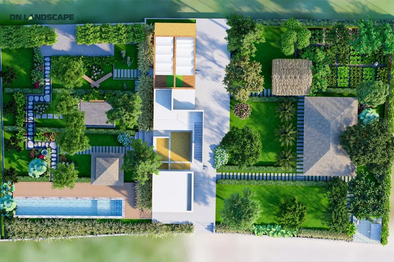 Mảng xanh dày đặc là điểm nổi bật trong thiết kế cảnh quan sân vườn phong cách Tropical