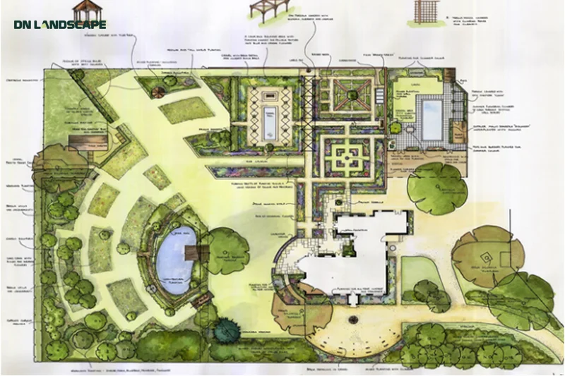 Sân vườn thiết kế theo phong cách Châu Âu đặc biệt chú trọng đến tính đối xứng