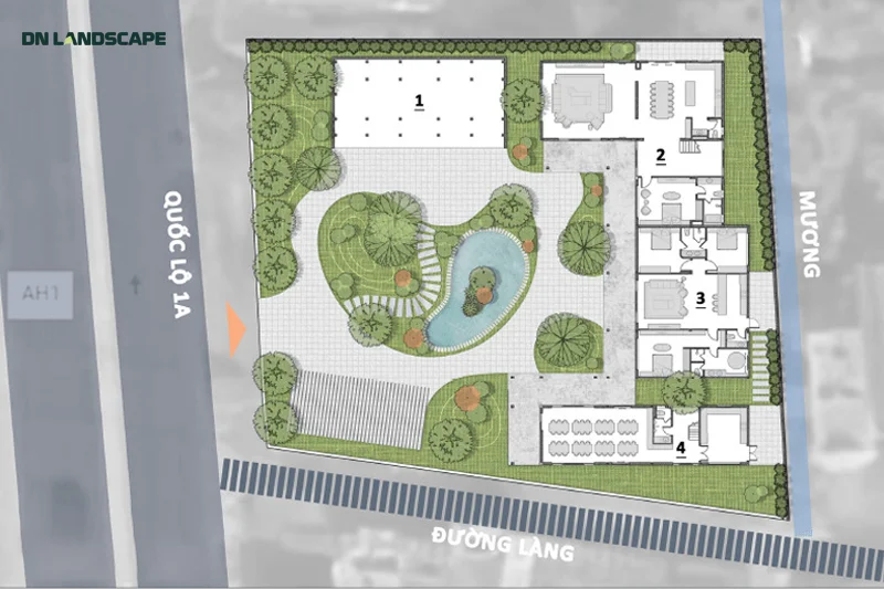 Bản vẽ mặt bằng tổng quan sân vườn thể hiện tổng thể cảnh quan dưới dạng hình chiếu từ trên xuống dưới