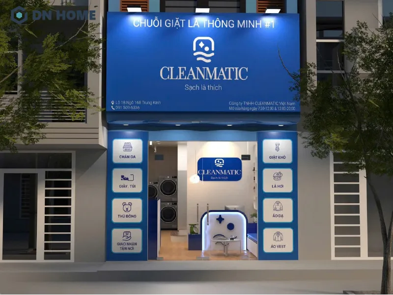 Bảng hiệu giặt sấy thể hiện đầy đủ thông tin, slogan và logo để khách hàng dễ dàng liên tưởng đến dịch vụ