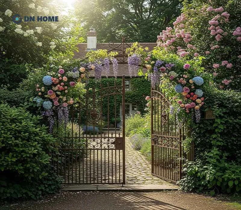 Cổng nhà vườn màu nâu đất kết hợp với việc trang trí hoa lá tạo nên cảm giác gần gũi với thiên nhiên