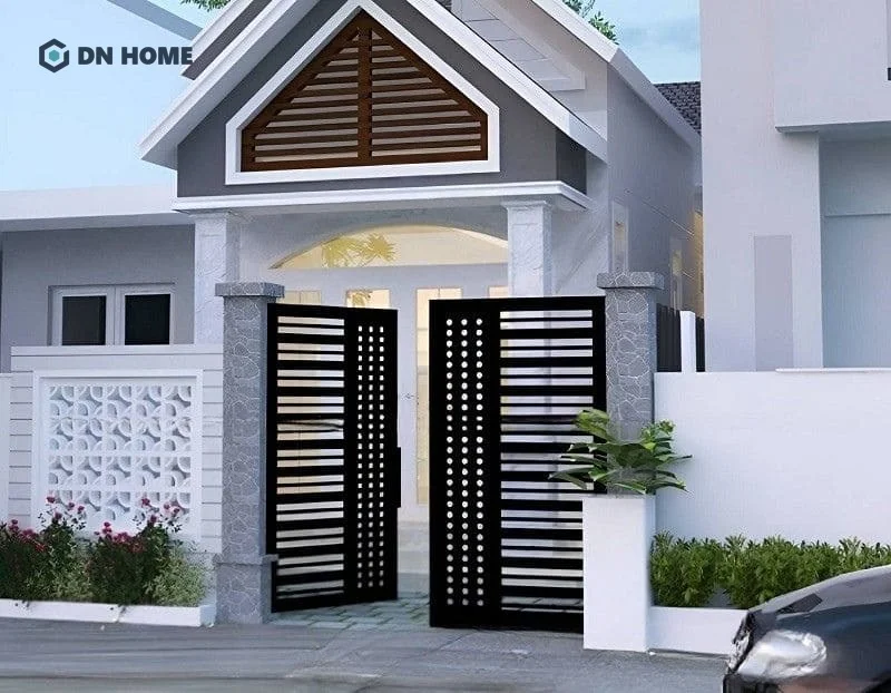 Cổng sắt với thanh ngang đơn giản nhưng không kém phần tinh tế