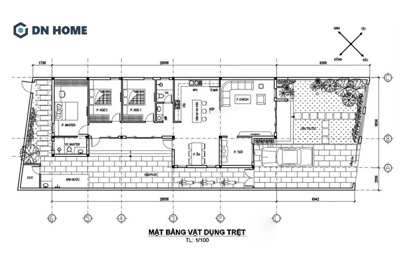 Bản vẽ công năng nhà ống 3 phòng ngủ cho thấy việc tận dụng tối đa ánh sáng tự nhiên, tránh cảm giác bí bách