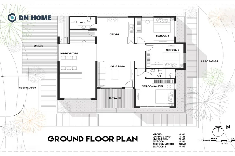 Thiết kế mở được ứng dụng trong thiết kế nhà vườn 1 tầng với 3 phòng ngủ