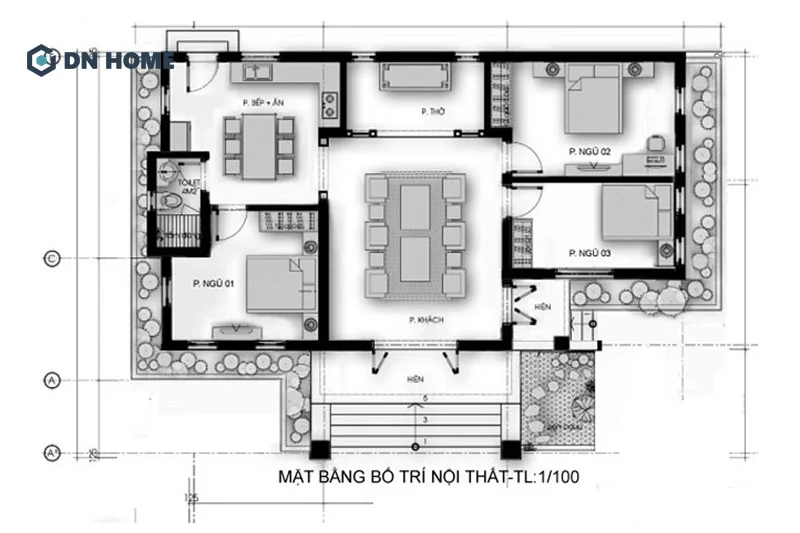 Bản vẽ mặt bằng nhà 1 tầng với công năng gồm 3 phòng ngủ
