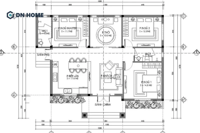 Sảnh phụ được bố trí để giúp khu vực bếp thông thoáng, không bị ám mùi