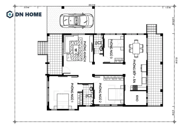 Bản vẽ công năng nhà 1 tầng có gara và 3 phòng ngủ, thuận tiện khi sinh hoạt hằng ngày