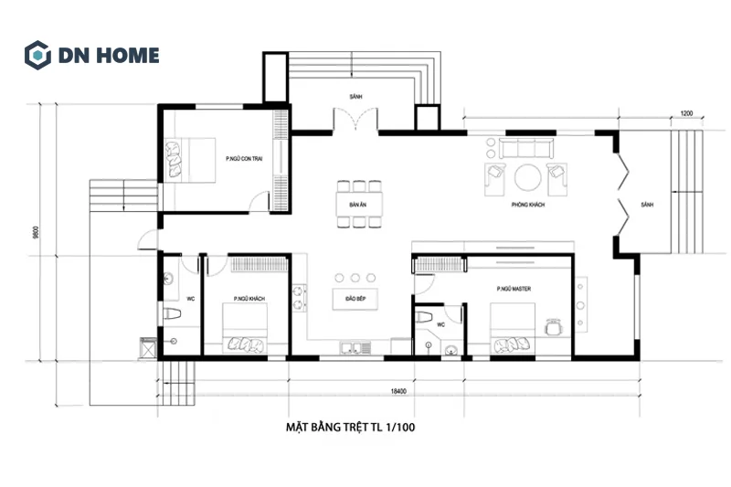 Không gian sinh hoạt chung được thiết kế liên thông theo hình chữ L, rộng thoáng