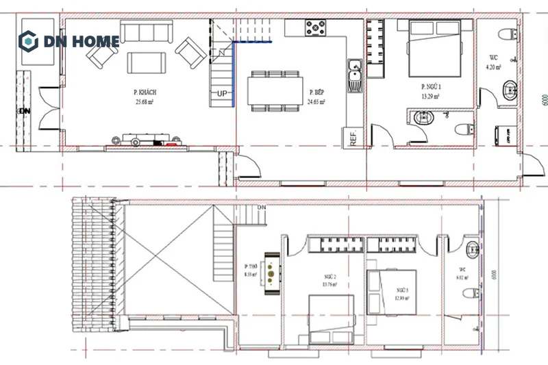 Bản vẽ mặt bằng công năng tầng 1 và tầng lửng ngôi nhà, bố trí khoa học và thông minh