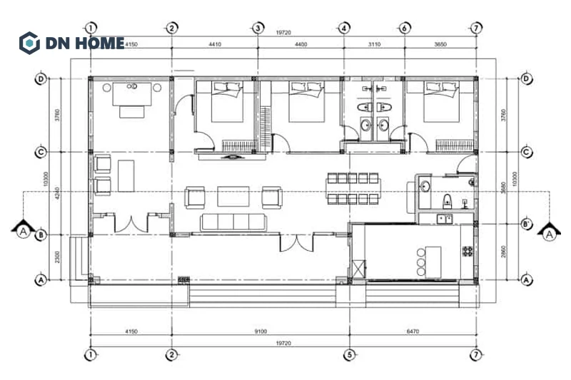 Bản vẽ mặt bằng công năng nhà 1 tầng mái Thái 3 phòng ngủ được bố trí hợp lý