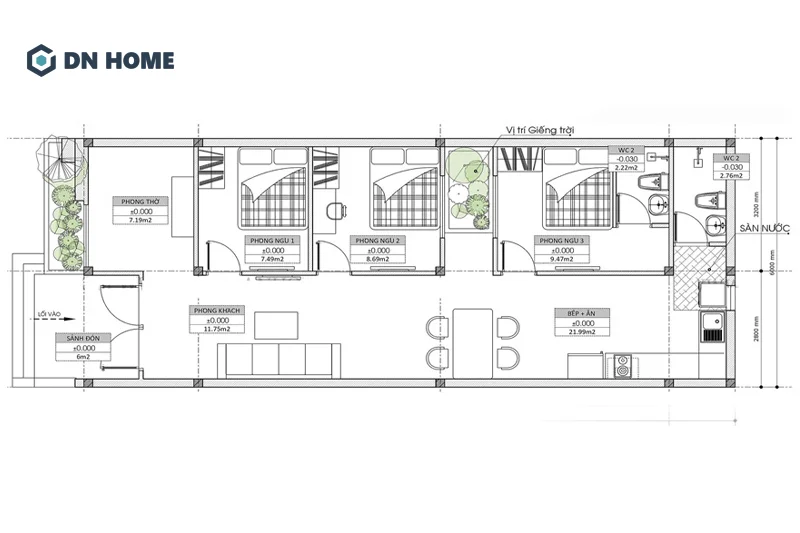 Bản vẽ công năng nhà 1 tầng mái bằng với 3 phòng ngủ được thiết kế thoáng đãng