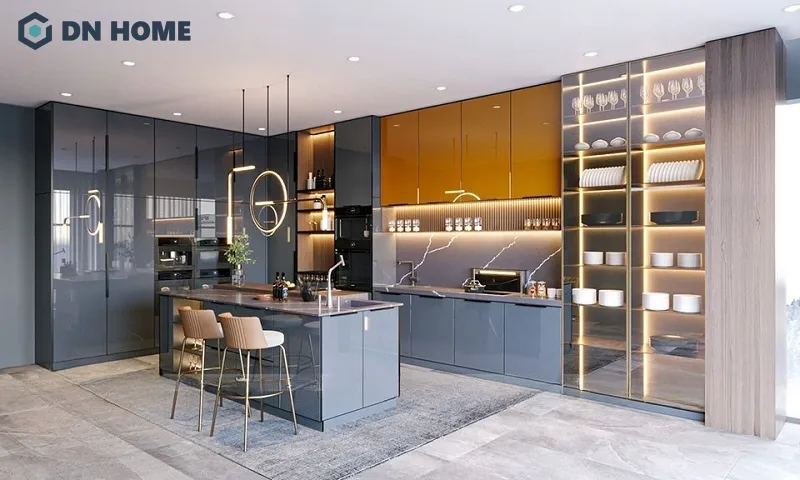 Quầy bar mini chung cư tích hợp bếp thiết kế sang trọng