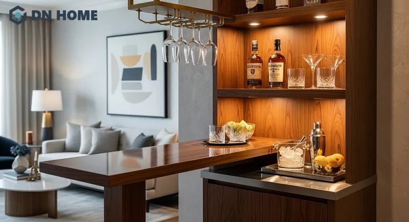 Quầy bar mini làm từ chất liệu gỗ với thiết kế giá treo ly quầy bar độc đáo