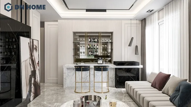 Quầy bar mini thiết kế sang trọng tại không gian phòng khách