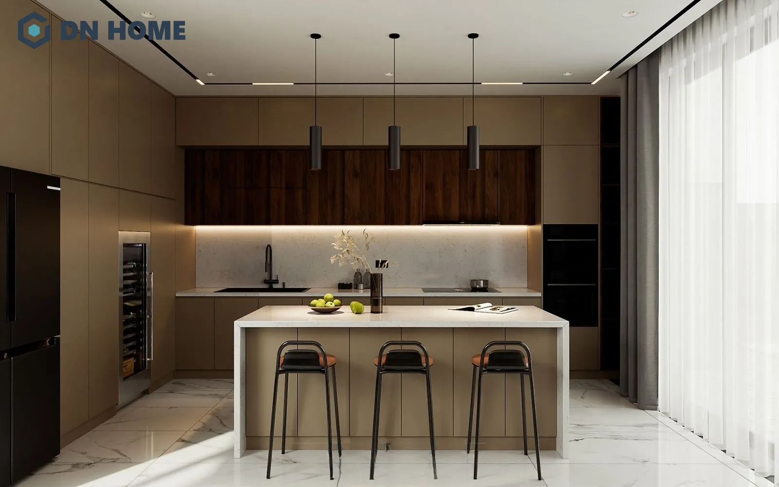 Mẫu quầy bar mini chung cư kết hợp vật liệu kim loại và gỗ tạo nên sự hài hoà với tổng thể không gian