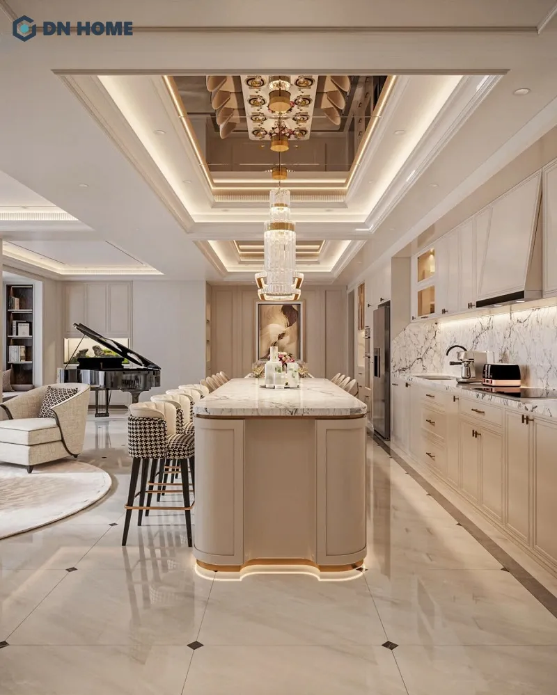 Mẫu thiết kế quầy bar mini ngăn cách không gian phòng khách và bếp một cách tinh tế