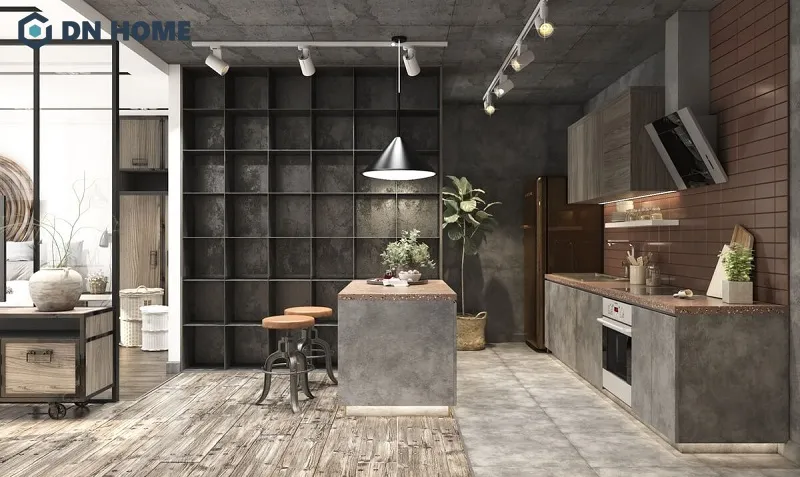 Quầy bar mini đóng chức năng như một vách ngăn giữa các khu vực trong căn hộ