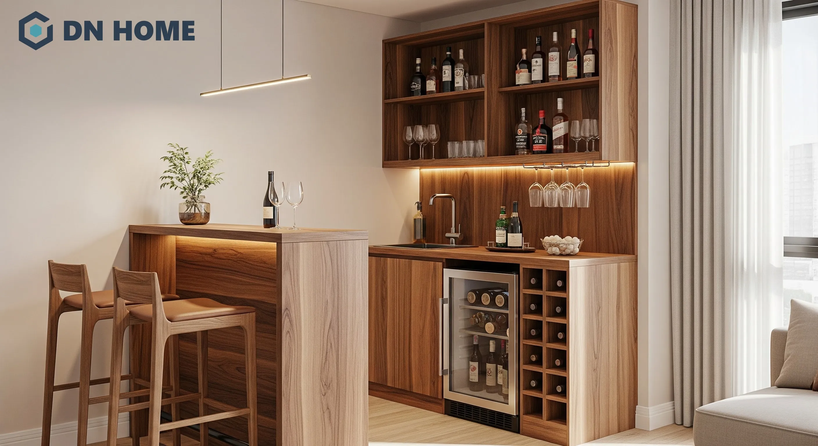 Quầy bar mini sử dụng chất liệu gỗ tự nhiên