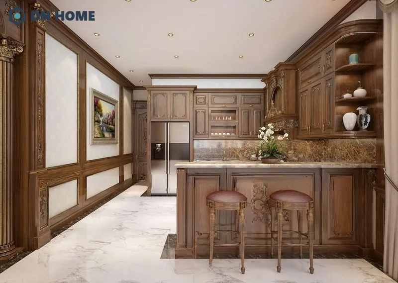 Quầy bar mini chung cư gỗ tự nhiên với thiết kế cổ điển tạo nên sự sang trọng, bề thế cho không gian