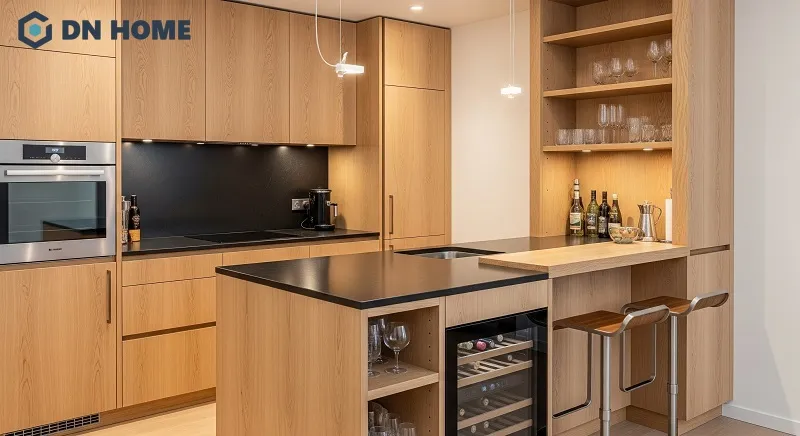 Quầy bar mini tích hợp bếp sử dụng vật liệu tự nhiên kết hợp đá granite đen nhám, tăng thêm tính thẩm mỹ cho không gian bếp