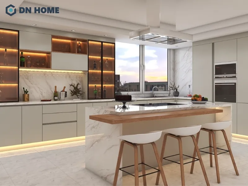 Quầy bar mini tích hợp đảo bếp tiện lợi, tiết kiệm tối đa diện tích