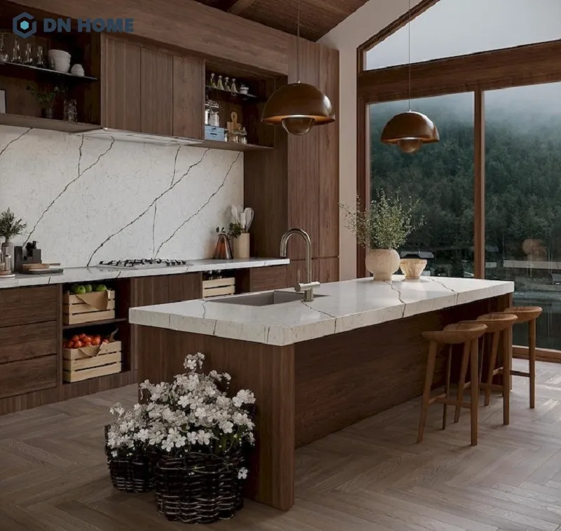 Vật liệu và màu sắc quầy bar nên hài hoà, đồng nhất với phong cách thiết kế của căn hộ