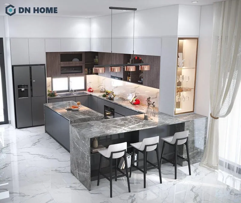 Quầy bar mini sử dụng chất liệu đá marble sang trọng, hiện đại