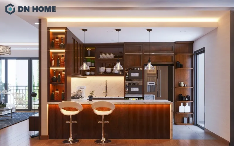 Quầy bar mini thiết kế hiện đại, điểm nhấn nằm ở đèn LED vàng đem lại sự sang trọng cho không gian tổng thể