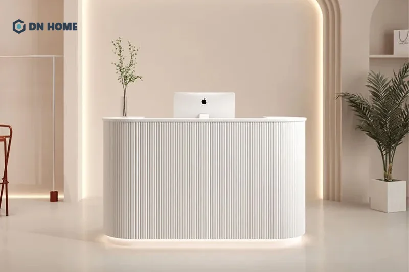 Các gam màu tinh tế, thanh nhã được sử dụng phổ biến khi thiết kế quầy lễ tân phong cách tối giản