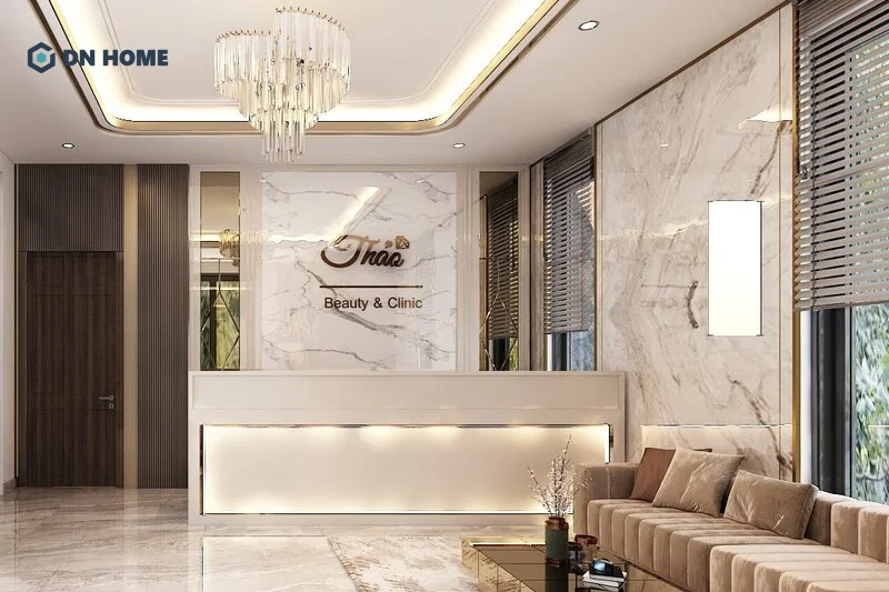 Quầy lễ tân spa được thiết kế theo phong cách hiện đại, sang trọng với đường nét tinh tế
