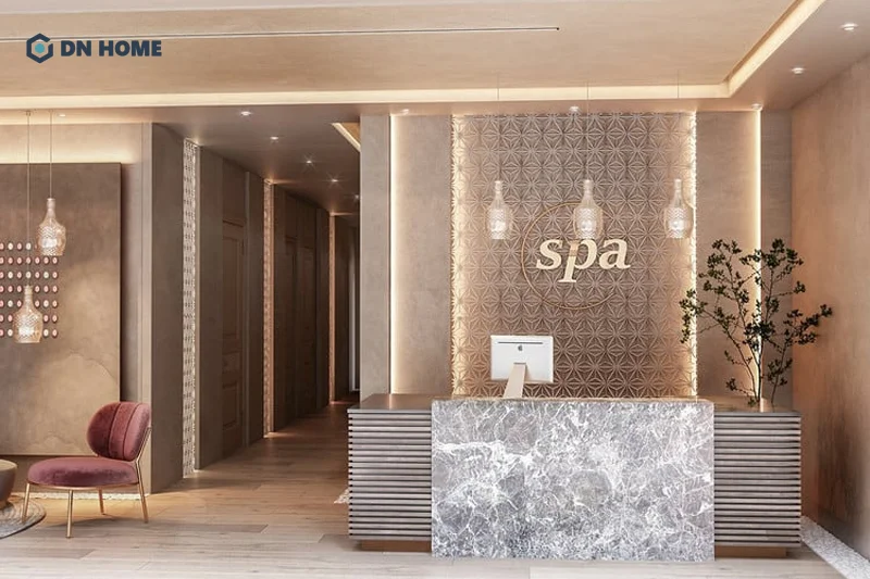Mẫu thiết kế quầy lễ tân sang trọng phù hợp với phân khúc spa đẳng cấp