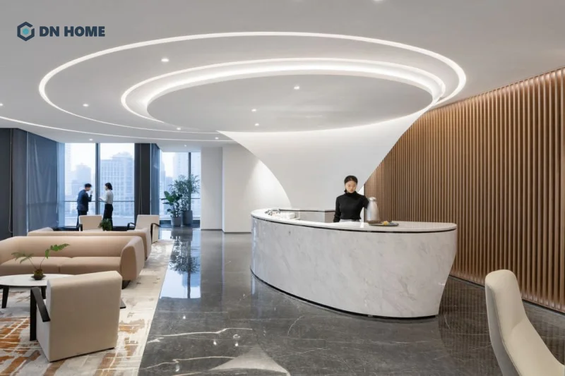 Quầy lễ tân spa bo hình oval mang đến sự mềm mại, nhẹ nhàng cho không gian spa