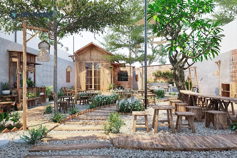Quán cafe được thiết kế theo phong cách sân vườn sở tạo nên không gian thư giãn, thoải mái