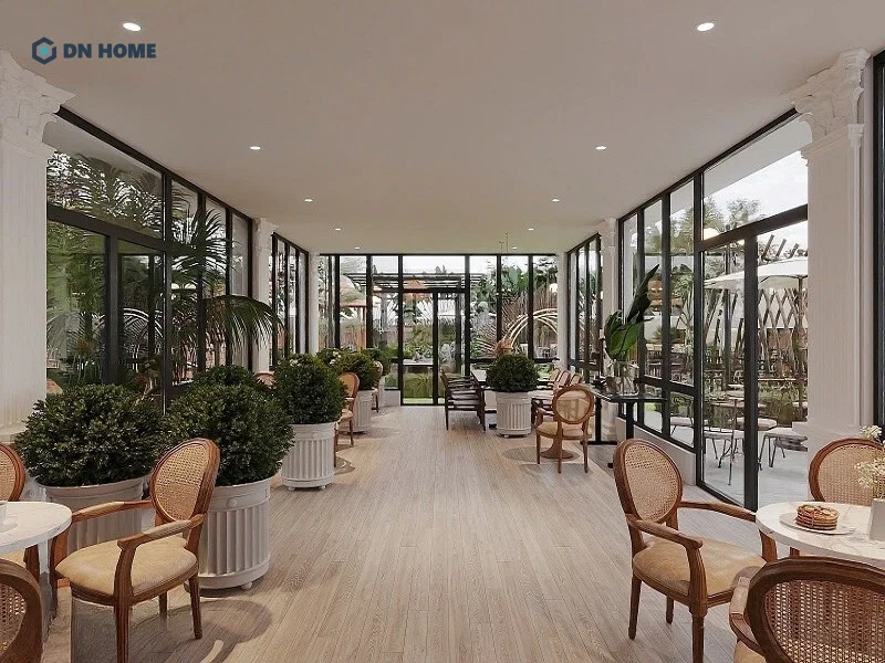 Không gian trong nhà của quán cafe sân vườn thiết kế theo phong cách Bắc Âu