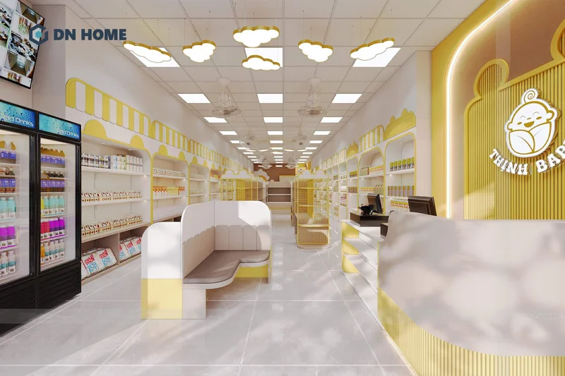 Điểm nổi bật trong thiết kế dự án shop mẹ và bé Thịnh Baby là hình ảnh chú gấu được lồng ghép khéo léo trong toàn bộ không gian nội thất