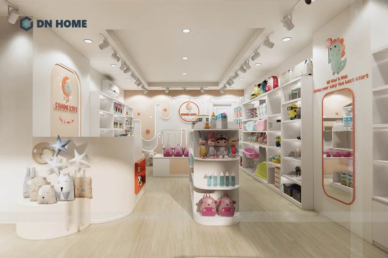 Những đường cong mềm mại được sử dụng chủ đạo trong dự án thiết kế shop mẹ và bé Simon Kids