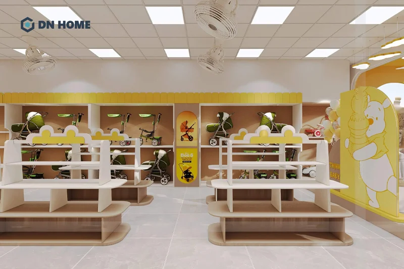 Kệ tủ và vách ngăn được thiết kế ấn tượng và lồng ghép biểu tượng chú gấu chủ đạo của cửa hàng