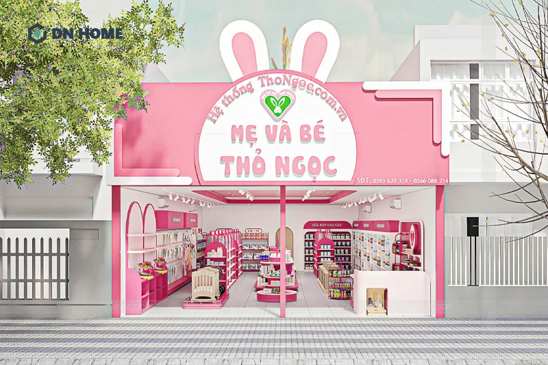 Dự án thiết kế shop mẹ và bé Thỏ Ngọc có tổng diện tích 120m2 với phòng cách hiện đại, nữ tính