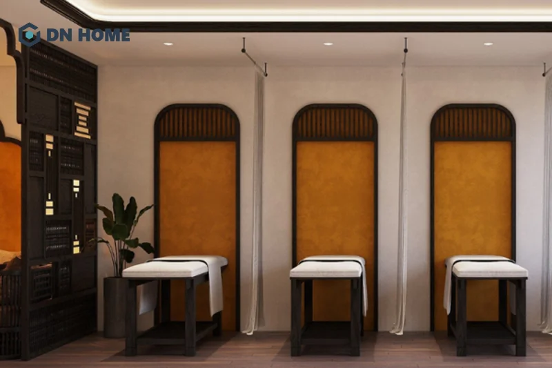 Phong cách Á Đông (Indochine) giúp không gian spa 30m2 trở nên ấm cúng, hoài niệm