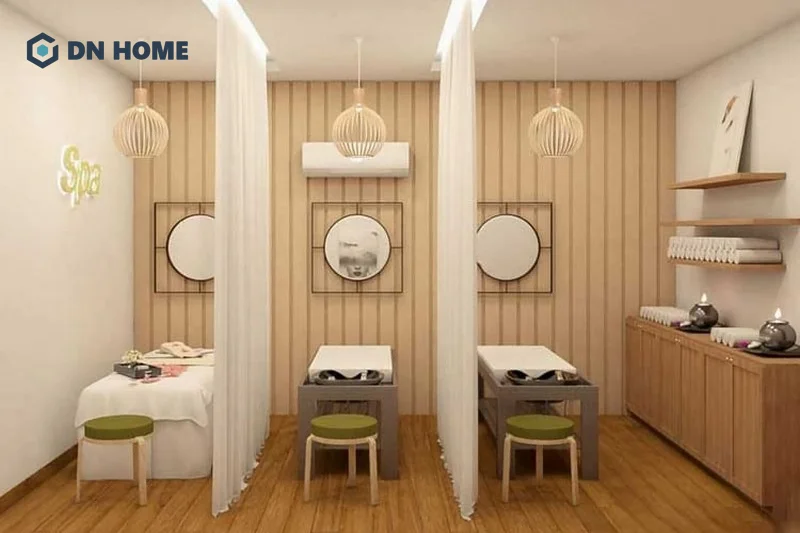 Mẫu spa 30m2 được thiết kế theo phong cách Nhật Bản, sử dụng chất liệu gỗ làm chủ đạo