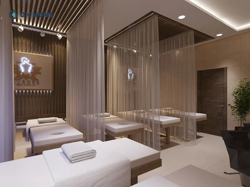 Khu vực trị liệu thiết kế đơn giản, sử dụng rèm mỏng làm vách ngăn