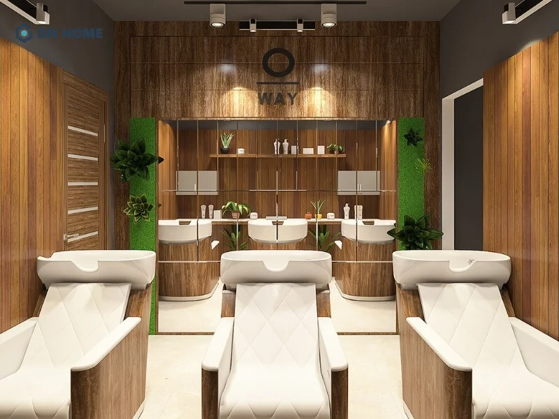 Thiết kế spa gội đầu dưỡng sinh với tông màu nâu gỗ