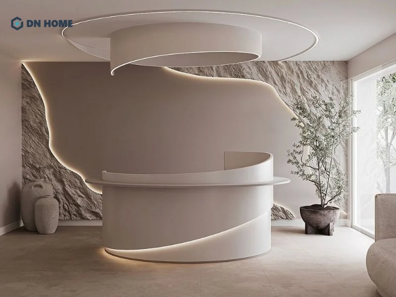 Không gian quầy lễ tân thiết kế hiện đại, hạn chế tối đa các chi tiết phức tạp