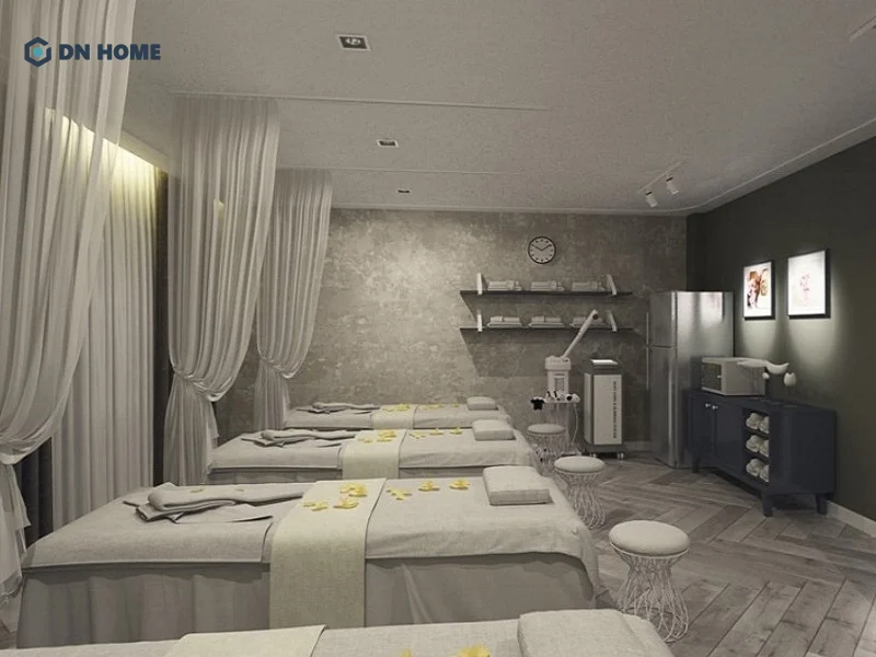 Không gian spa gội đầu dưỡng sinh với phong cách thiết kế hiện đại, lấy gam màu xám làm chủ đạo