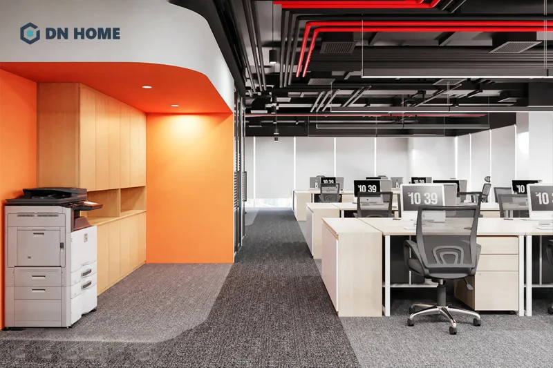 Tone màu cam chủ đạo của thương hiệu FPT được lồng ghép tạo điểm nhấn cho không gian văn phòng