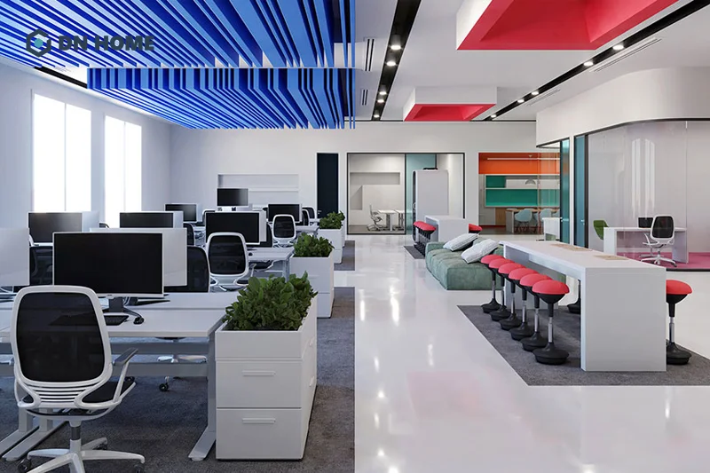 Đặc trưng nổi bật của văn phòng làm việc công nghiệp là không gian mở thoáng đãng, thoải mái