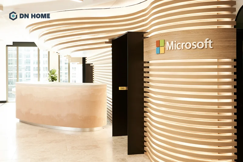 Sảnh tiếp tân văn phòng công nghệ Microsoft đa quốc gia (Mỹ) ứng dụng các đường nét hình học ấn tượng